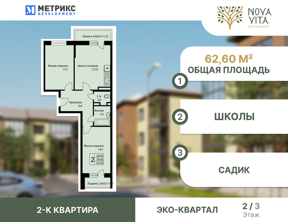 Планировка 2-комн 62,6, 62,7 м²