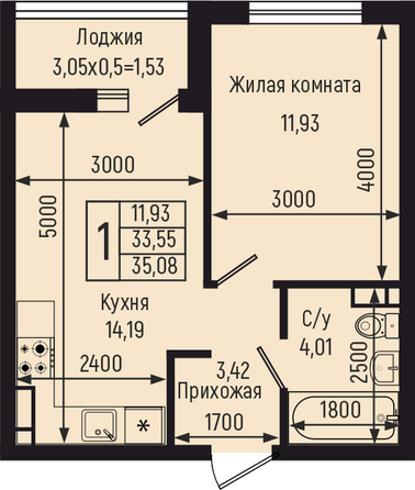 Планировка 1-комн 35,08 м²