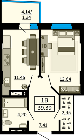 Планировка 1-комн 39,09 - 39,34 м²