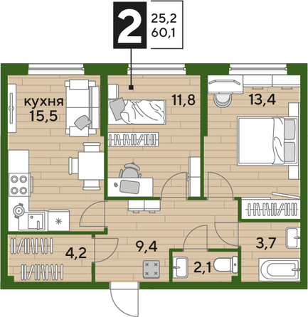 Планировка 2-комн 60,1 м²