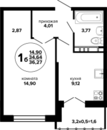 Планировка 1-комн 36,27 м²