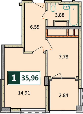 Планировка 1-комн 35,96 м²