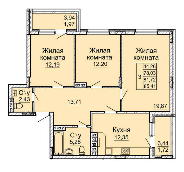 Планировка 3-комн 81,72 м²