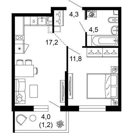 Планировка 1-комн 39 м²