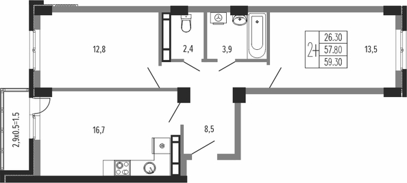 Планировка 2-комн 59,3 м²