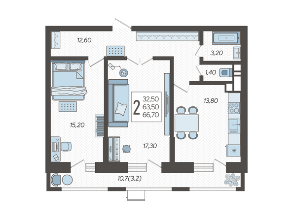 Планировка 2-комн 66,7 м²