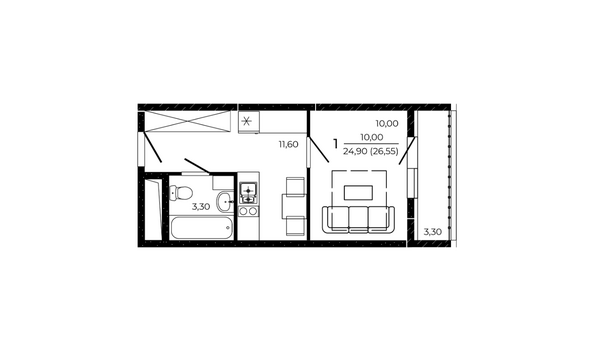 Планировка Студия 26,55, 27,95 м²