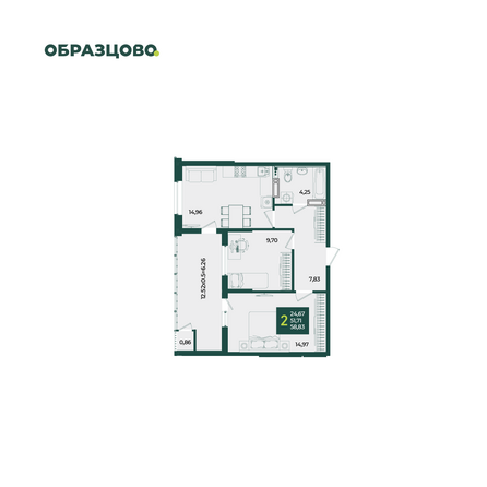Планировка 2-комн 58,83 м²
