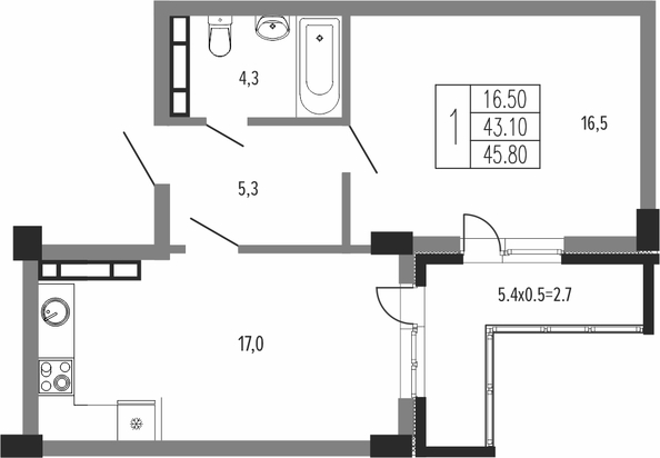 Планировка 1-комн 45,8 м²