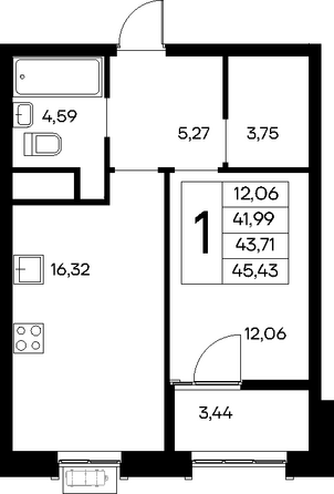 Планировка 1-комн 45,11, 45,43 м²