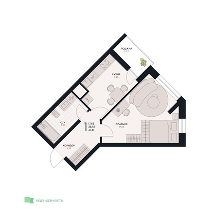 Планировка 1-комн 41,81 м²