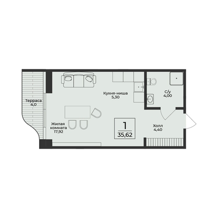 Планировка 1-комн 35,62 м²