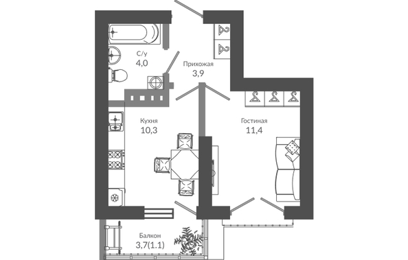 Планировка 1-комн 30,7 м²