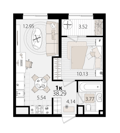 Планировка 1-комн 38 м²