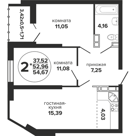 Планировка 2-комн 54,67 м²