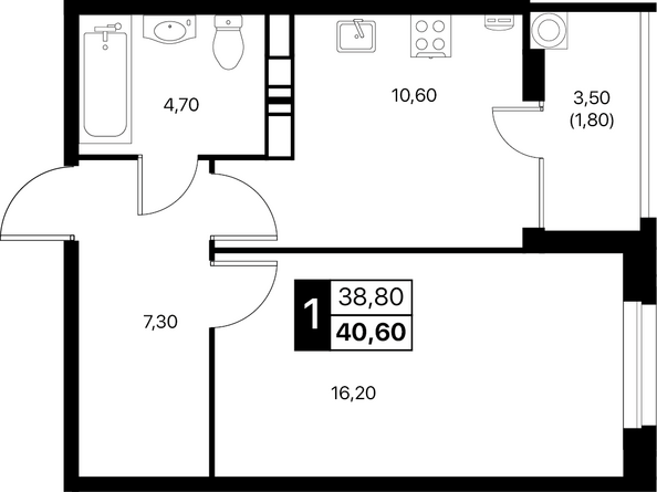 Планировка 1-комн 40,6, 41,1 м²