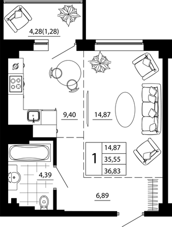 Планировка 1-комн 37,28 м²