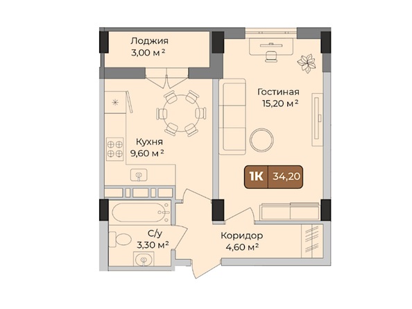Планировка 1-комн 34, 34,2 м²