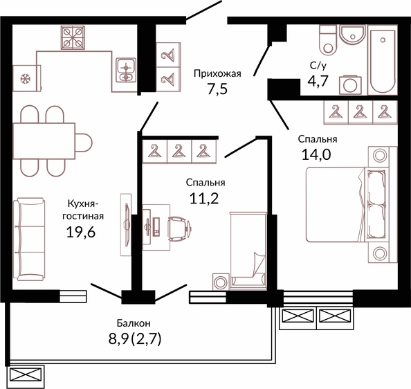 Планировка 2-комн 59,7 м²