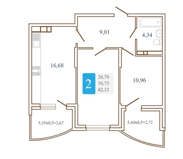 Планировка 2-комн 62,12 м²