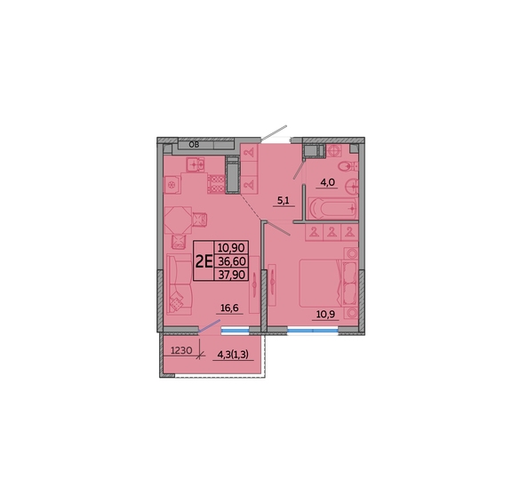 Планировка 1-комн 37,9 м²