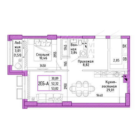 Планировка 2-комн 53,82 м²