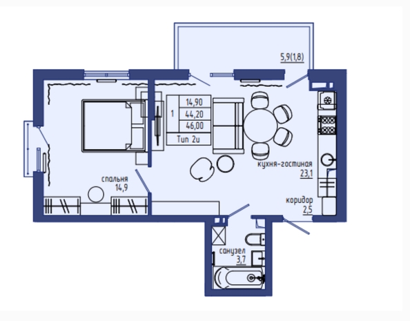 Планировка 2-комн 46 м²