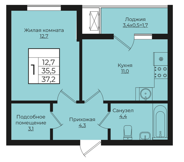 Планировка 1-комн 37,2 м²