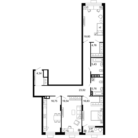 Планировка 3-комн 118,48 м²