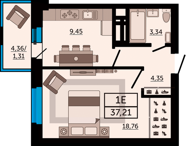Планировка 1-комн 37,21 м²