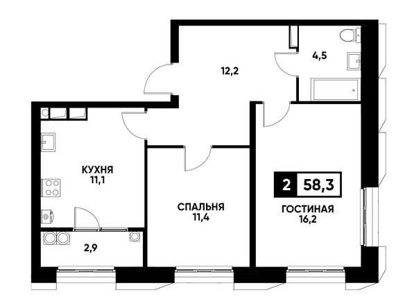 Планировка 2-комн 58,3 - 58,7 м²
