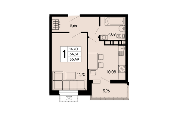 Планировка 1-комн 36,49 м²