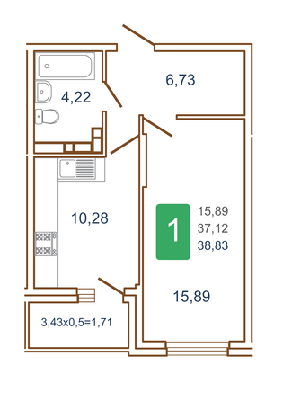 Планировка 1-комн 38,83 м²