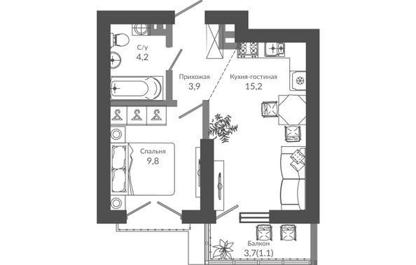 Планировка 1-комн 34,2 м²