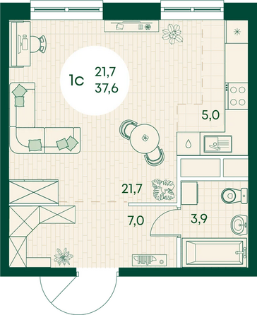 Планировка Студия 37,6 м²