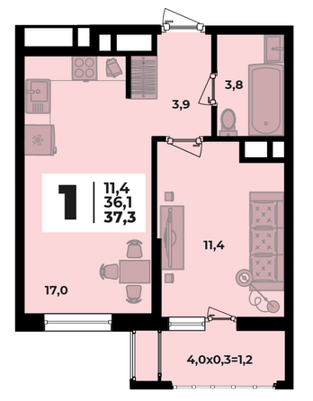 Планировка 1-комн 37,3 м²