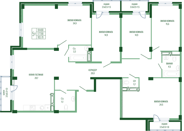Планировка 5-комн 183,7 м²