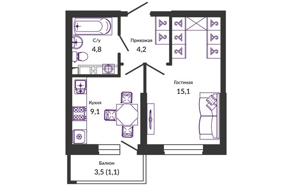 Планировка 1-комн 34,3 м²