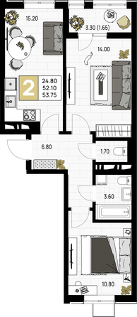 Планировка 2-комн 53,75 м²