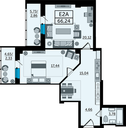 Планировка 2-комн 66,23 - 67,7 м²