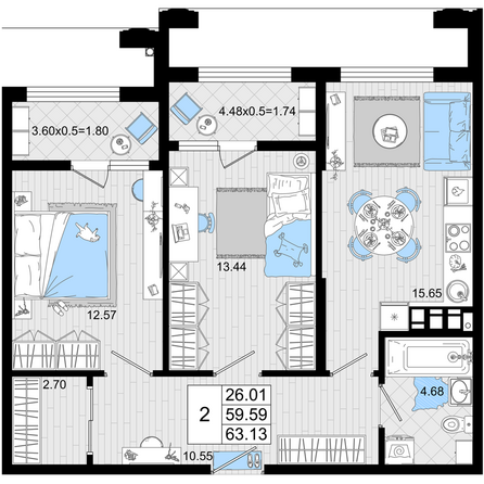 Планировка 2-комн 63,13 м²