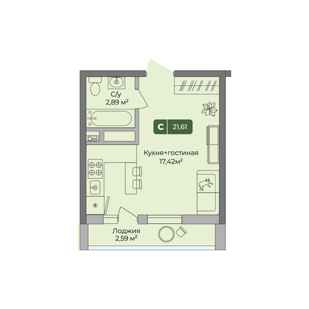 Планировка Студия 21,61 м²
