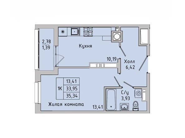 Планировка 1-комн 35,09 - 35,34 м²