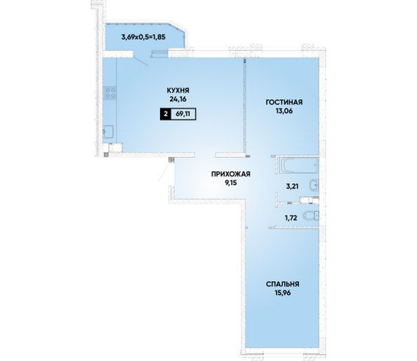 Планировка 2-комн 69,11 м²