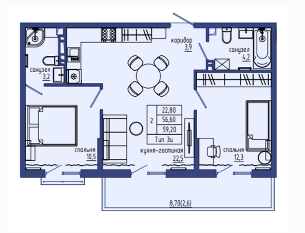 Планировка 3-комн 59,2 м²