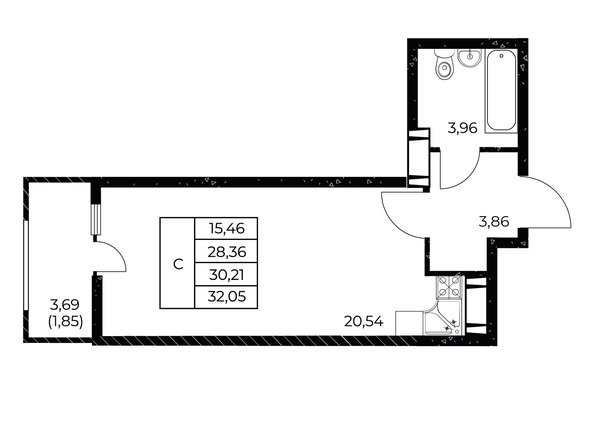 Планировка Студия 32,05 м²