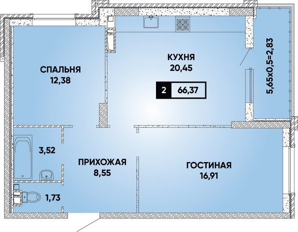 Планировка 2-комн 66,37 м²
