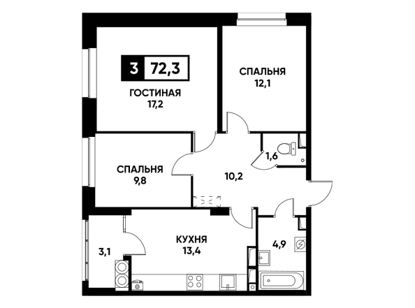Планировка 3-комн 72,3 м²
