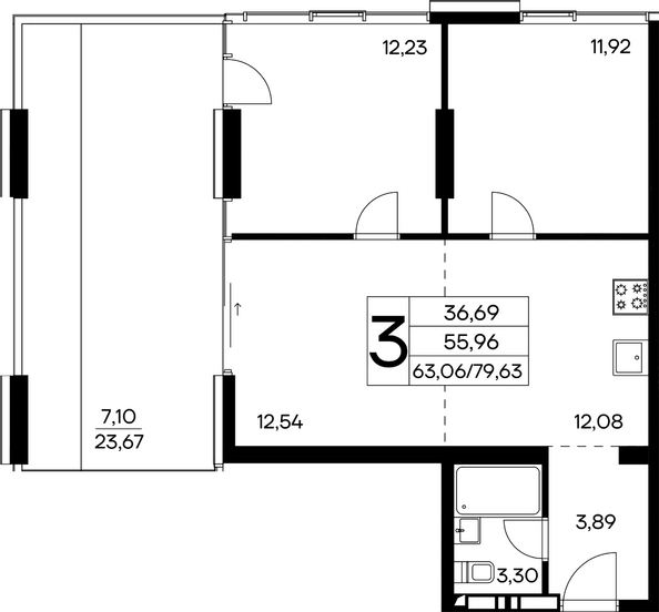 Планировка 3-комн 79,63 - 80,96 м²