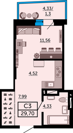 Планировка Студия 29,23 - 29,42 м²